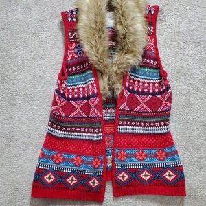 H&M Sweater Vest Women's L Multicolor Cardigan Open Front Faux Fur Aztec Boho